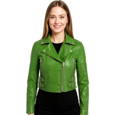 Dames appelgroene cropped Brando leren bikerjack - Bellville
