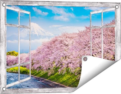 Gards Tuinposter Doorkijk Roze Bloesembomen bij de Fuji Berg - 60x40 cm - Tuindoek - Tuindecoratie - Wanddecoratie buiten - Tuinschilderij