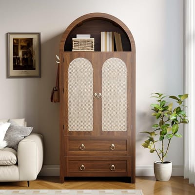 Dressoir Walnoot - Opbergkast Riet - Woonkamer Decoratie - Gebogen Rotan Deur - 80x40x180cm - Walnoot