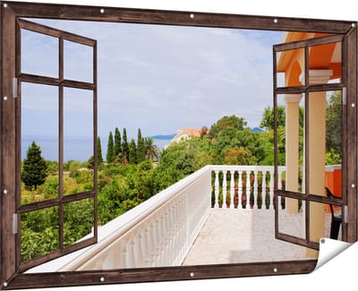 Gards Tuinposter Doorkijk Terras in Toscane - 180x120 cm - Tuindoek - Tuindecoratie - Wanddecoratie buiten - Tuinschilderij