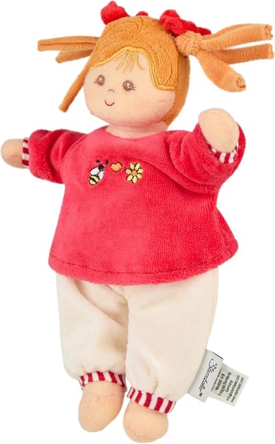 Speelpop met Rammelaar - Babypop Pluche - Baby Speelgoed - Geïntegreerde Rammelaar - 23 cm - Rood Beige