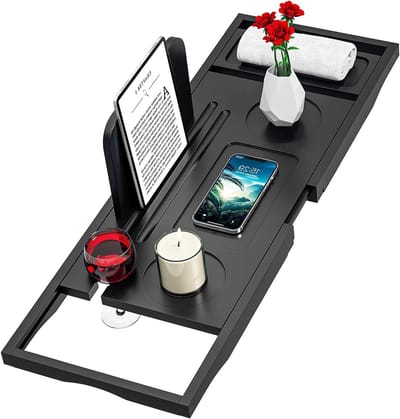Badbak Caddy - Badbak Tafel - Ontspannen in bad - Uitbreidbaar formaat - 275-354 inch - Zwart
