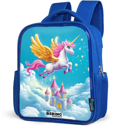 NoBoringSuitcases.com® - Rugzak blauw - Schooltas jongens - Vliegende eenhoorn met gouden vleugels boven kasteel - Kinder rugtas jongen - Boekentas kind - Kinderrugzak voor school - Schoolrugzak