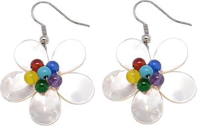 Parelmoeren oorbellen White Shell Flower Multi Stone - oorhangers - parelmoer - edelstaal - wit - multi color - bloem - luxe sieraden zakje - oorbellen dames