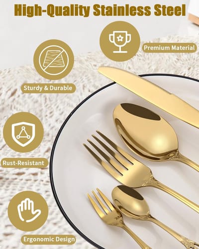 40-delig bestekset voor 8 personen, gepolijst roestvrij staal eetbestek, elegant bestek met mes, vork, lepel, goud