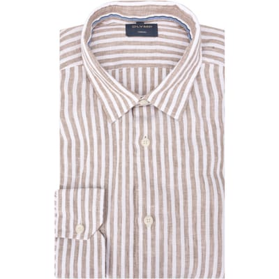 OLYMP Casual regular fit overhemd - structuur - bruin met wit gestreept