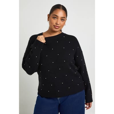 boohoo Dames Plus Diamante ronde hals trui | Black | Maat: 16-18
