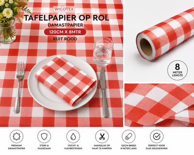 Wicotex-Tafelpapier op rol Damastpapier 120cm x 8mtr. Ruit rood