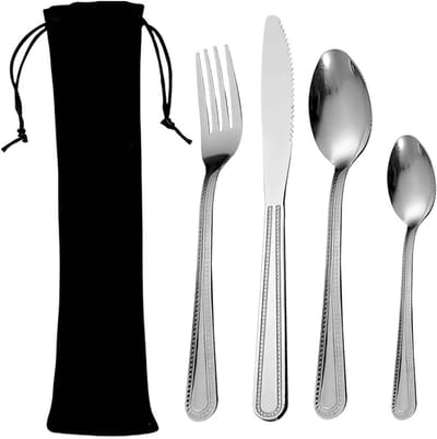 Duurzaam 5-delig RVS Camping Servies met Draagtas, Herbruikbaar Bestek voor Picknicks, Reizen en Kamperen, Ideaal voor Kinderen en Feesten