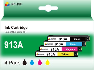 INKFIND 913A inktcartridge voor HP913A HP 913A HP913 HP 913 Multipack van 4 stuks (1 x Zwart, 1 x Cyaan, 1 x Magenta, 1 x Geel) geschikt voor HP PageWide 352dw - 377dn - 377dw - Pro 452dn - HP MFP 477dw - HP MFP 477dwt