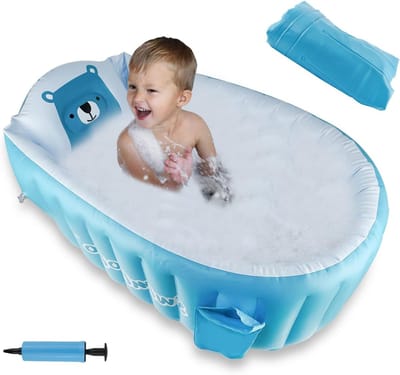 Opblaasbare Baby Zwembad - Draagbaar en Vouwbaar Paddelbad voor Kinderen, Herbruikbaar en Zacht Reisbad voor 0-5 Jaar met Luchtpomp, Blauw en Veilig Speelplezier