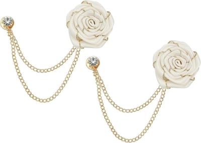 Cosensi - Grote Roos Bloem Bruidegom Broches 4,5 cm - Set van 2 - Herenpak Accessoires voor Bruiloft met Kwastje - Beige