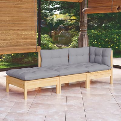vidaXL - 3-delige - Loungeset - met - grijze - kussens - massief - grenenhout