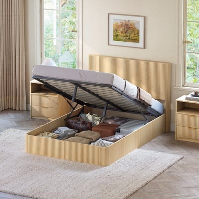 Tweepersoonsbed - 140x200 cm - Modern bed met lattenbodem - Hydraulisch liftsysteem & opbergruimte - Hout - Eiken