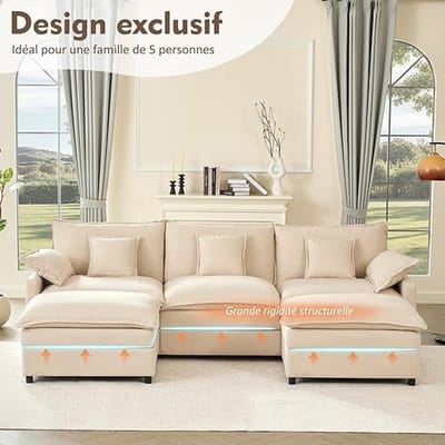 Moderne 3-zits Slaapbank 210 x 75 x 60 cm – Frameloze Corduroy Woonkamerbank met 2 Kussens en 2 Poefs – Uitklapbare Bank voor Woon- en Slaapkamer – Beige – Pauwhome