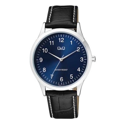 Q&Q C08A-012PY - Horloge - Heren - Mannen - Leren band - Rond - Staal - Cijfers - Zwart - Zilverkleurig - Blauw