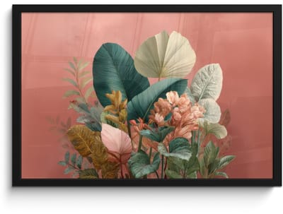 Poster in lijst - Fotolijst 60x40 cm - Posters - Tropische bladeren - Bloemen - Roze - groen - Posterlijst zwart - Decoratie - Wanddecoratie woonkamer - Muurdecoratie slaapkamer