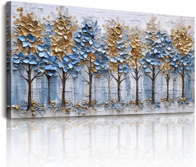 Dailygoods- Wandschilderij Grote Canvas - Blauw-Gouden Levensboom - Moderne Wanddecoratie - Natuur/Wald Schilderijen - 50x100 cm - Duurzame Materialen - Wandkunst