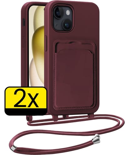 Hoesje Geschikt voor iPhone 14 Pro Max Telefoonhoesje Met Koord Case Pashouder Siliconen - Hoes Geschikt voor iPhone 14 Pro Max Hoesje Met Kaarthouder - Aubergine - 2 Stuks