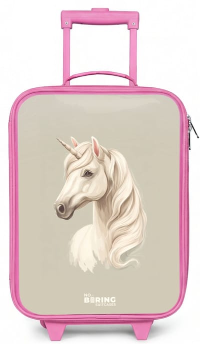 NoBoringSuitcases.com® - Kinderkoffer roze - Kindertrolley meisje - Eenhoorn in neutrale kleuren - Koffer kind lichtgewicht - Reiskoffer trolley voor kinderen - Koffertje met lichtgevende wieltjes - Rolkoffer