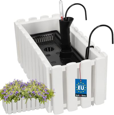 KOTARBAU® Balkonbak, Bloembak voor Balkon, Kunststof, 38 x 18 x 16 cm, Wit, Balkonbak met Houder, Zelfbewaterend Systeem, Balkon Plantenbak, Weerbestendige Plantenbak