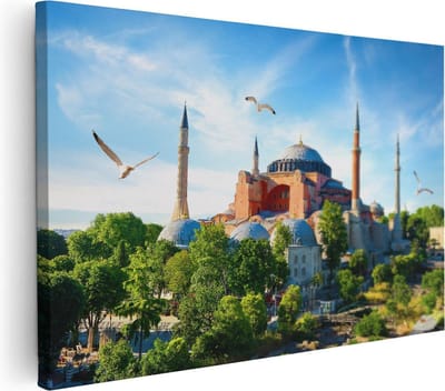 Artaza Canvas Schilderij Moskee Istanbul - 30x20 cm - Klein - Islamitische Muurdecoratie - Wanddecoratie Skyline - Kamer Accessoires Zeemeeuw