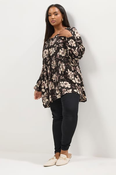 Yours Zwarte Blouse Met Rozenprint En Strikhals Size 42