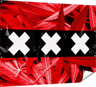 Gards Tuinposter Amsterdamse Vlag met Cannabis Achtergrond - 160x120 cm - Tuindoek - Tuindecoratie - Wanddecoratie buiten - Tuinschilderij