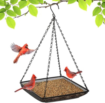 Metalen voederhuisje - Hangende voederhuisje - Vierkante voederhuisje - Voederhuisje voor buiten - Voederhuisje om vogels aan te trekken - Vogelbadje - 18 cm diameter - Geschikt voor het voeren van vogels in tuin en terras - Zwart