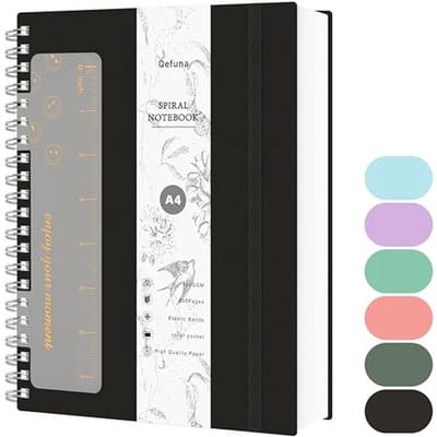 SnelShoppen - A4 Spiral Notebook 300 Pagina's, 100gsm Inktvrij Papier, PVC Hard Cover, Met Liniaal, Expandable Pocket, 21x28cm - Zwart