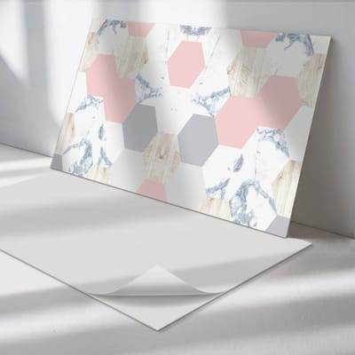 Wallfluent Vinyl Wandpaneel - Zeshoekig patroon met marmer Zelfklevend Wandpaneel - 120 cm x 60 cm - Roze PVC wandpaneel - Set van 1 - Rechthoekig Wandbekleding Vinyl - Texturen Wandpaneel - PVC Muurpaneel - Wandpaneel Keuken en Badkamer