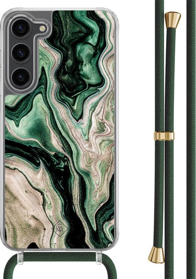 Casimoda® hoesje met groen koord - Geschikt voor Samsung S23 Plus - Groen marmer / Marble - Afneembaar koord - TPU/polycarbonaat - Zwart