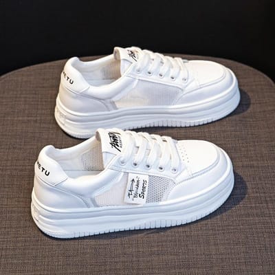 Echt Leer Kleine Witte Schoenen Dames Lente en Zomer Nieuw Dikke Zool Kleurblok Rond Neus Casual Sports Mesh Ademend Holle Sneakers 40 gray