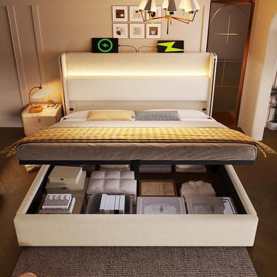 BLACKCOLORS - Modern Hydraulisch Bed met Hoog Hoofdeinde - Tweepersoonsbed 140x200 cm - Met LED-verlichting, Opbergruimte en USB/Type-C - Beige Linnenlook - Zonder Matras