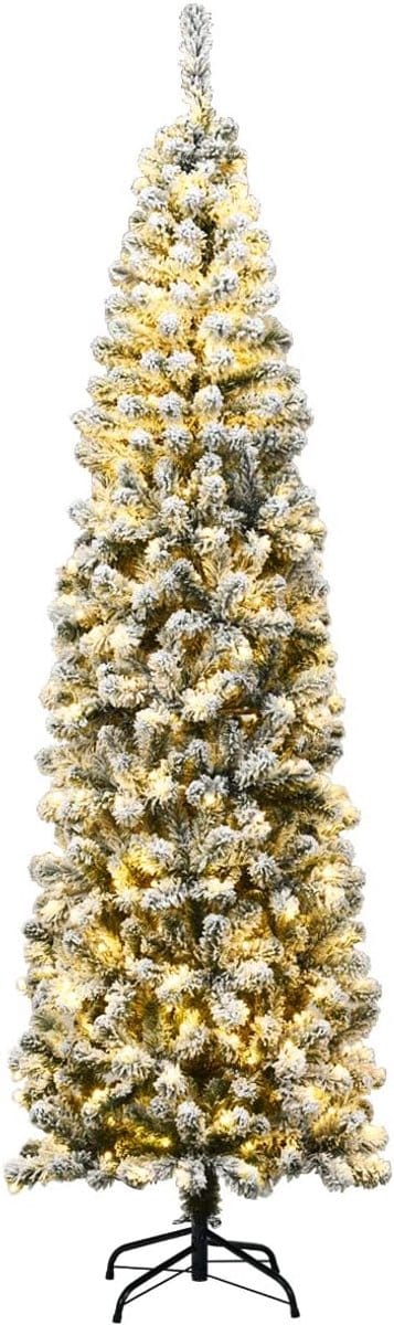 COSTWAY 135/180/225 cm Potlood kerstboom met sneeuw en warm witte LED-verlichting, kunstkerstboom met metalen standaard, kerstboom PVC naalden, kunstboom, kerstvouwsysteem, groen