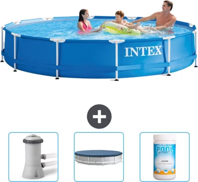 Intex Rond Frame Zwembad - 366 x 76 cm - Blauw - Inclusief Zwembadfilterpomp - Afdekzeil - Chloor