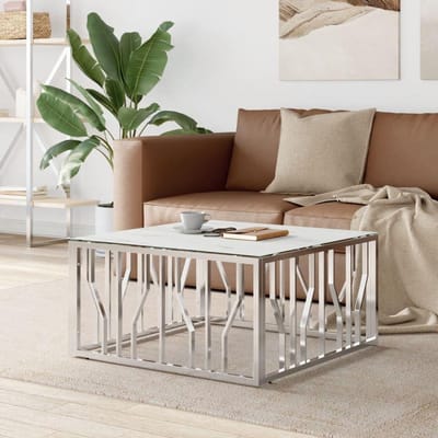 Salontafel - Woonkamertafel - Decoreren Woonkamer - Roestvrijstalen frame - 80 x 80 x 40 cm - Zilver wit glas