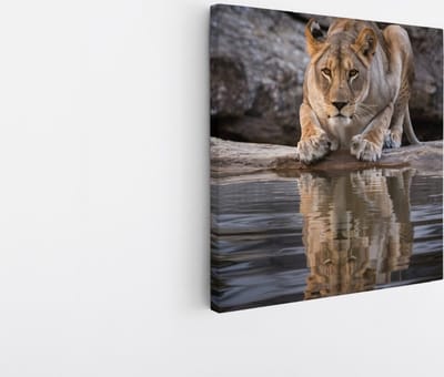 Saammp Canvas Schilderij - Drinkende Leeuw - Natuur - Dieren - 20x20 - Foto op canvas - Wanddecoratie - Muurdecoratie Woonkamer - Slaapkamer decoratie - Canvas Print