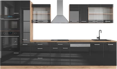 Vicco R-Line Complete keukeneenheid – 350 cm met hoge kast, zonder werkblad Antraciet hoogglans/goud eiken