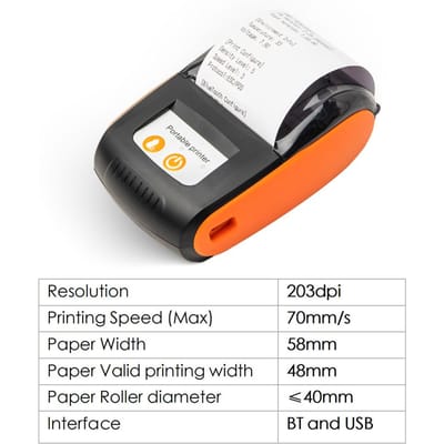 Draagbare bonprinter 58 mm mini-thermisch afdrukken Draadloze BT USB mobiele printer met 2 inch thermische papierrol oranje