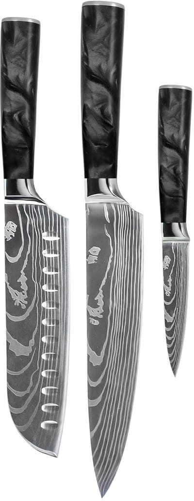 Shinrai Knives - Damascus Print Epoxy Onyx 3-delige Messenset - Koksmes + Santoku + Schilmes
