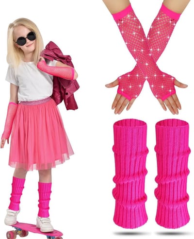 Kleurige Legwarmers voor Kinderen met Neon Visnet Handschoenen - 80s Kostuum Accessoires voor Feestjes en Thema's, Perfect voor Meisjes in de Jaren '80