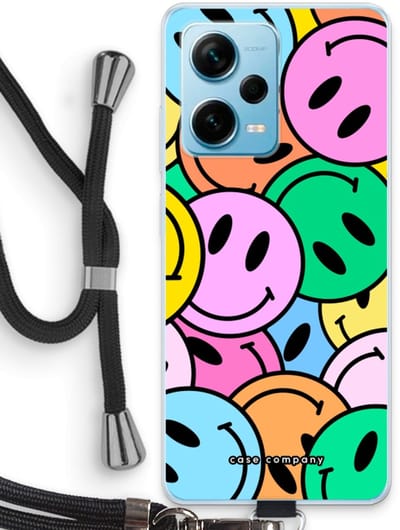 Case Company® - Hoesje met koord geschikt voor Xiaomi Redmi Note 12 Pro Plus hoesje met Koord - Smiley N°1 - Telefoonhoesje met Zwart Koord - Bescherming aan alle Kanten en Over de Schermrand