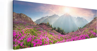 Artaza Canvas Schilderij Bloemenveld - 60x20 cm - Wanddecoratie Bergen - Schilderijen Op Canvas Natuur - Decoratie Zonsondergang