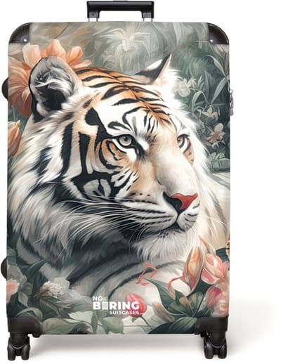 NoBoringSuitcases.com® - Koffer groot - Reiskoffer lichtgewicht - Tijger ligt tussen bloemen en planten - Rolkoffer met 4 wielen - Grote trolley XL - 98 liter bagage