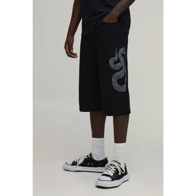 Relaxed Fit Longline Short Met Strass Slangenmotief | Black | Size 30
