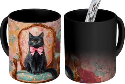 Magische Mok - Foto op Warmte Mokken - Koffiemok - Kat - Roze - Stoel met bloemenmotief - Magic Mok - Beker - 350 ML - Theemok