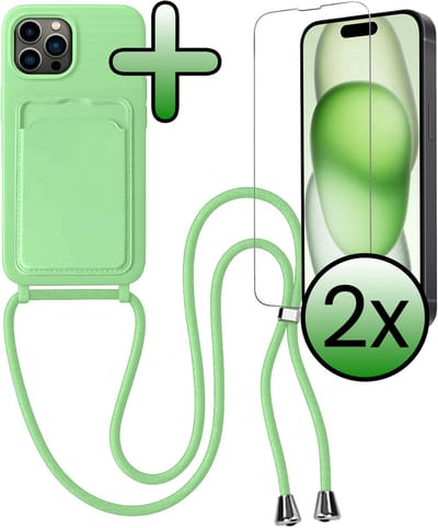 Hoes Geschikt voor iPhone 15 Pro Hoesje Pas Houder Case Hoes Met Koord Met 2x Screenprotector - Hoesje Geschikt voor iPhone 15 Pro Hoes Met Telefoonkoord Pasjeshouder Cover - Groen