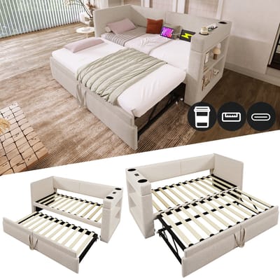 Gestoffeerde slaapbank 90x200 cm, eenpersoons slaapbank met uitschuifbaar bed, armleuningen met USB- en Type-C-oplaadpoort en bekerhouder, linnenmixstof, beige, zonder matras.