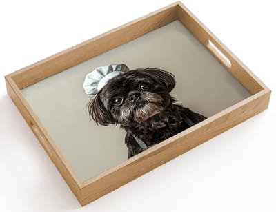 Dienblad hout 40x30 cm - Schootdienblad - Kokskleding - Zwart - Hondje - Borrelplank rechthoek - Plateau dienbladen